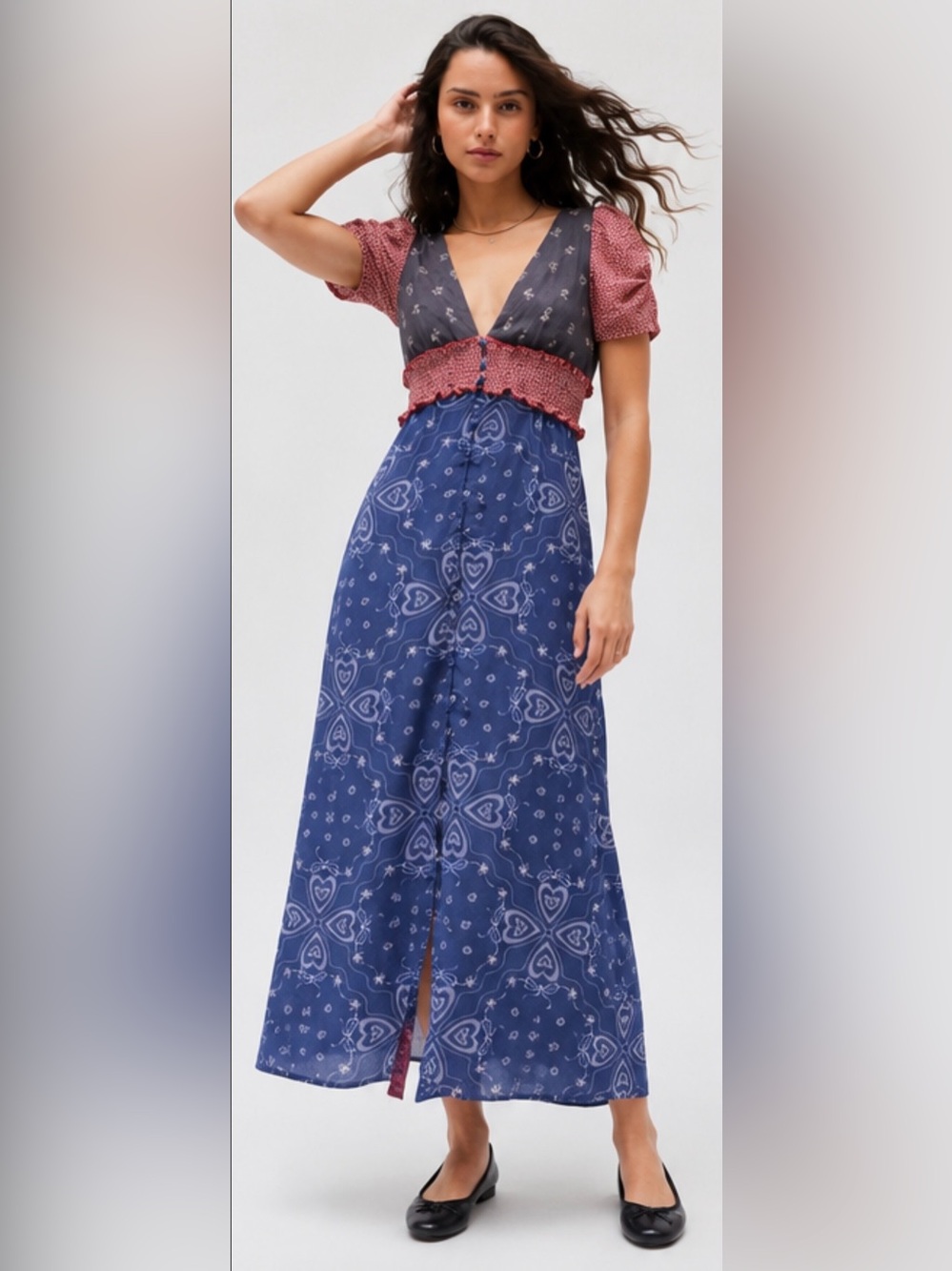Kimchi Blue Ioni Plunging Puff Sleeve Midi Dress Small NWOT Floral Cottagecore
